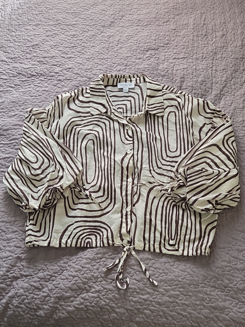 Cream and Brown Abstract Print Button-Down Crop Shirt